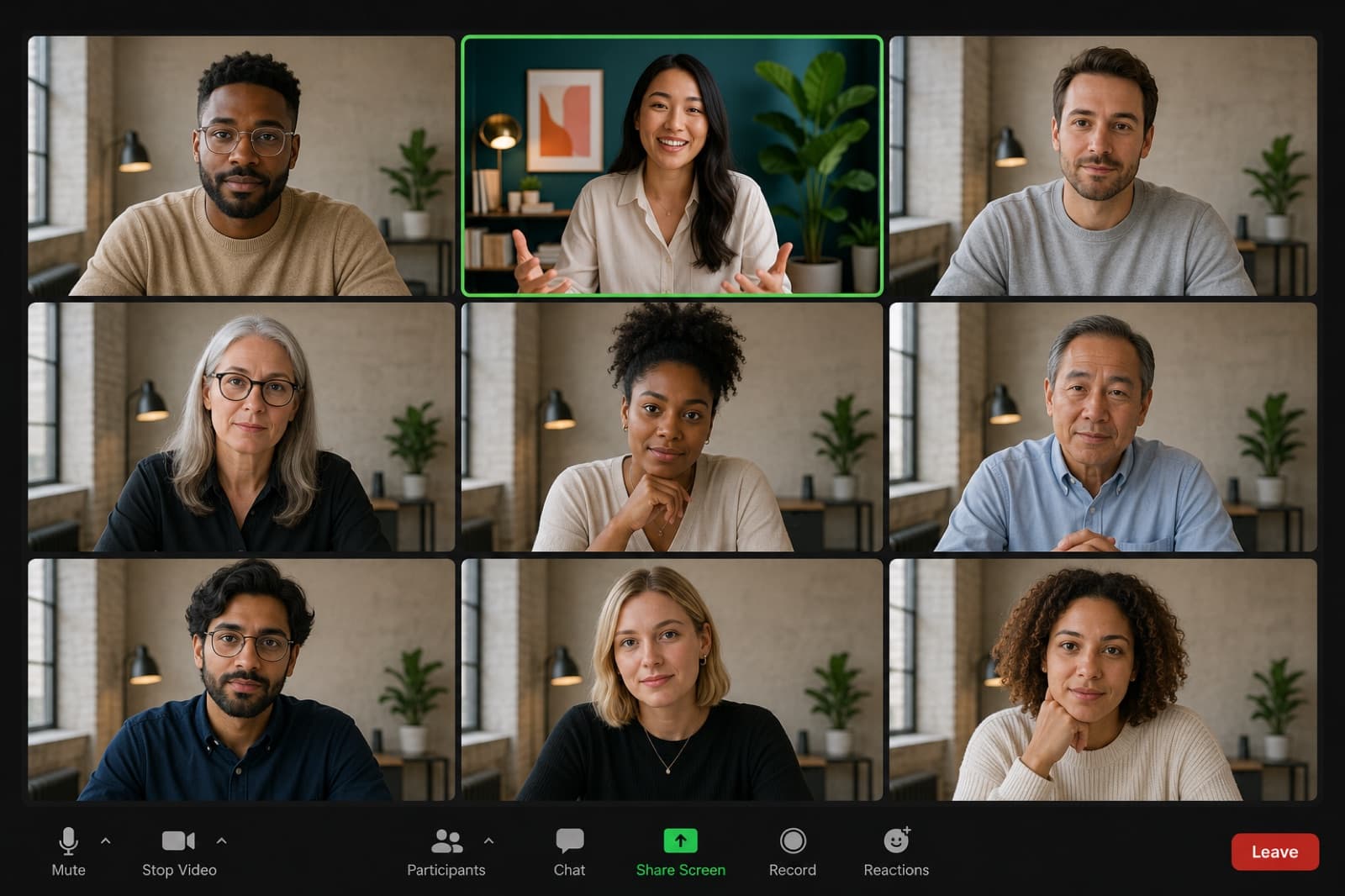 A video call where eight people share the same generic office background and one person stands out with a distinctive, personalized backdrop.
